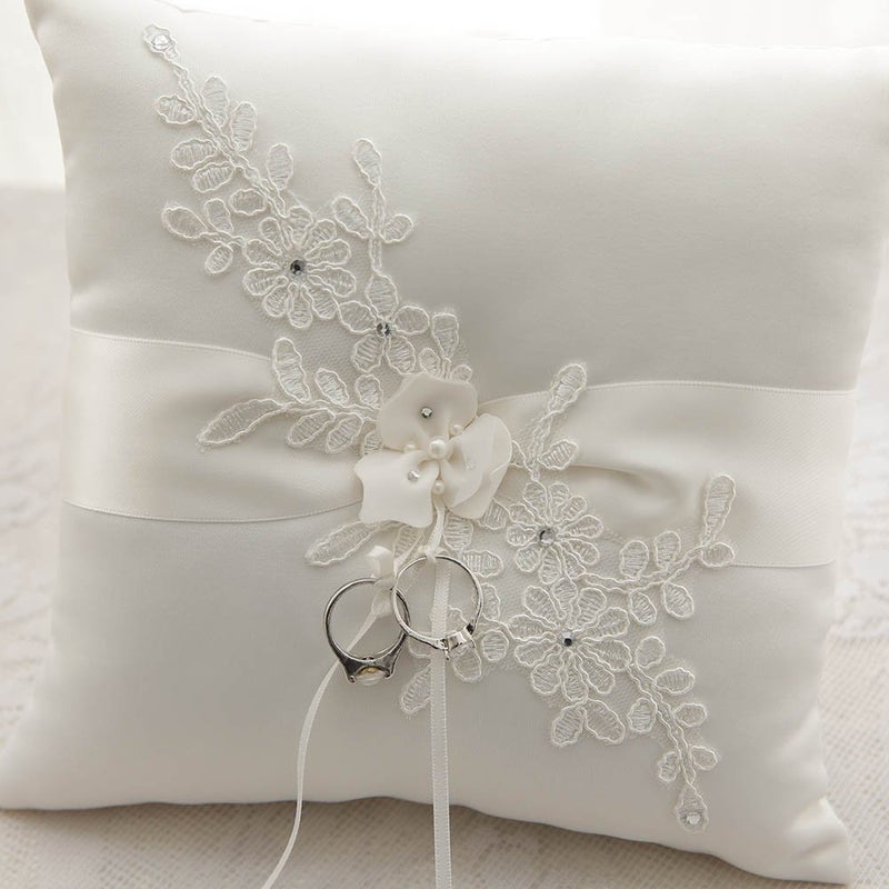 Bodosac Awtlife Flower Wedding Ring Pillow Ivory Cushion Bearer for Beach Wedding 8.26 Inch - Image 4